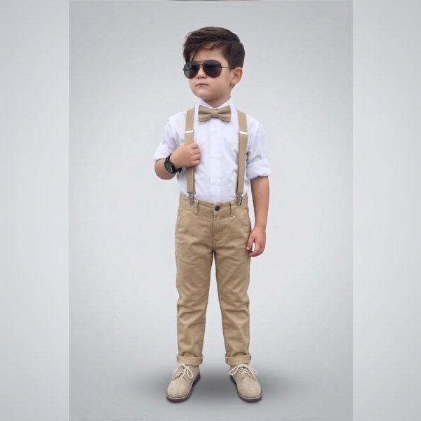 Stylish Boys’ Formal Set with Shirt, Pants,Bow-Tie & Suspenders – BEIGE