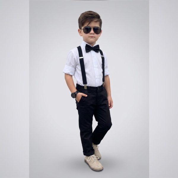 Stylish Boys’ Formal Set with Shirt, Pants,Bow-Tie & Suspenders – BLACK
