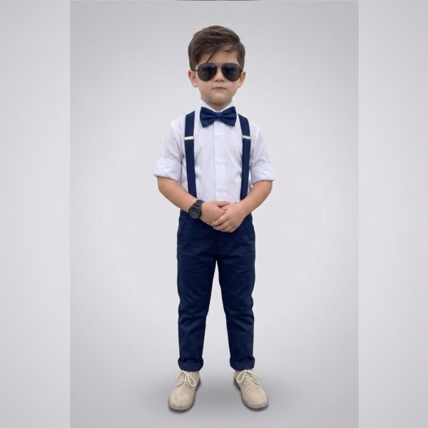 Stylish Boys’ Formal Set with Shirt, Pants,Bow-Tie & Suspenders – NAVY
