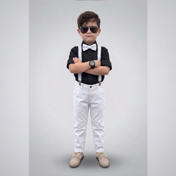 Stylish Boys’ Formal Set with Shirt, Pants,Bow-Tie & Suspenders – WHITE