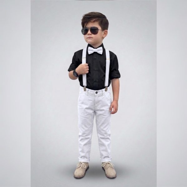 Stylish Boys’ Formal Set with Shirt, Pants,Bow-Tie & Suspenders – WHITE