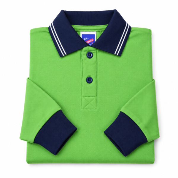Kids Long Sleeve School Polo Shirt – Apple with Navy Collar