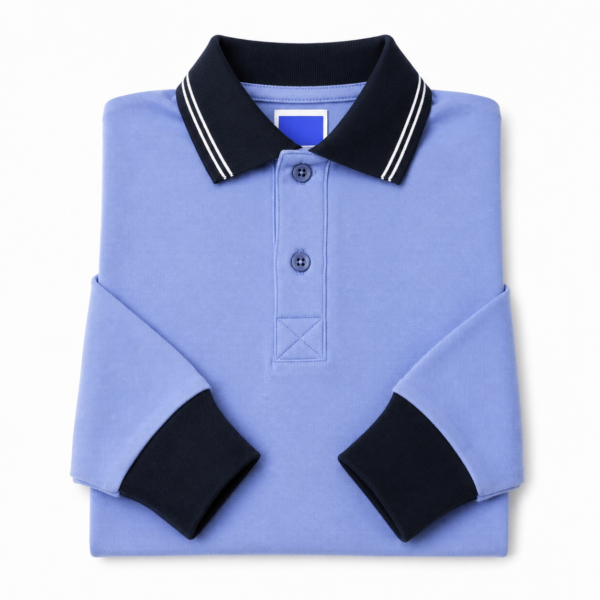 Kids Long Sleeve School Polo Shirt – BabyBlue with Navy Collar