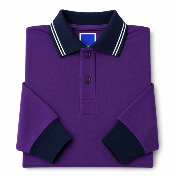 Kids Long Sleeve School Polo Shirt – Purple with Navy Collar