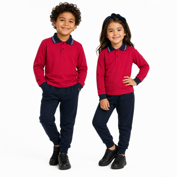 Kids Long Sleeve School Polo Shirt – Red with Navy Collar