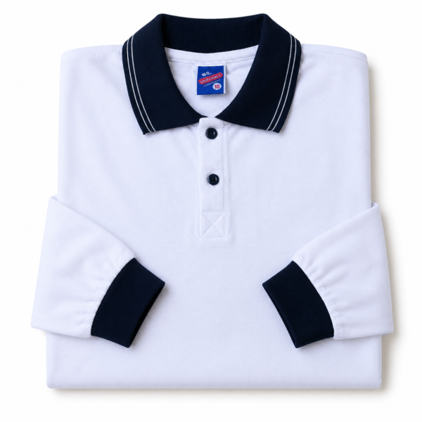 Kids Long Sleeve School Polo Shirt – White with Navy Collar