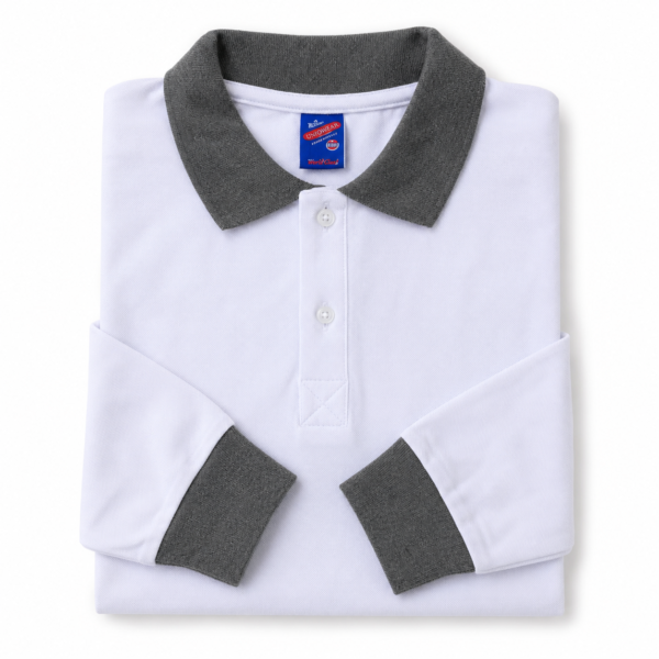 Kids Long Sleeve School Polo Shirt – White with Grey Collar