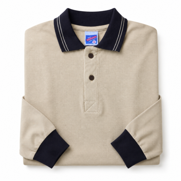 Kids Long Sleeve School Polo Shirt – Beige with Black Collar