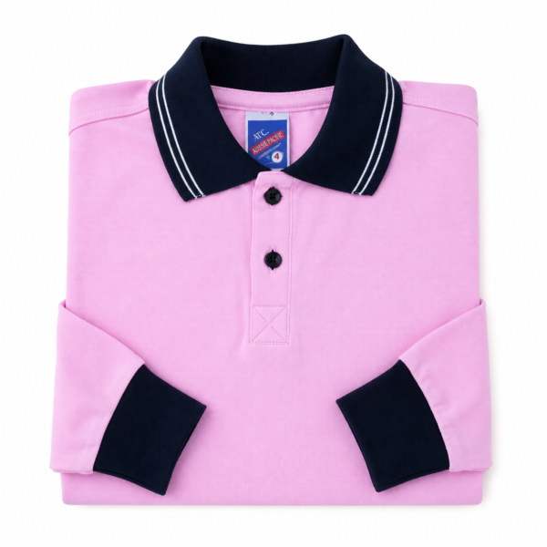 Kids Long Sleeve School Polo Shirt – Rose with Navy Collar
