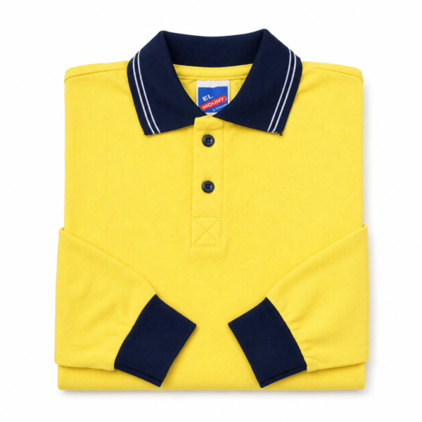 Kids Long Sleeve School Polo Shirt – Yellow with Navy Collar