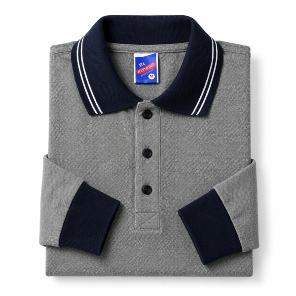 Kids Long Sleeve School Polo Shirt – Grey with Navy Collar