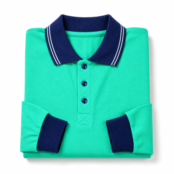 Kids Long Sleeve School Polo Shirt – Green with Navy Collar