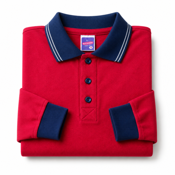 Kids Long Sleeve School Polo Shirt – Red with Navy Collar