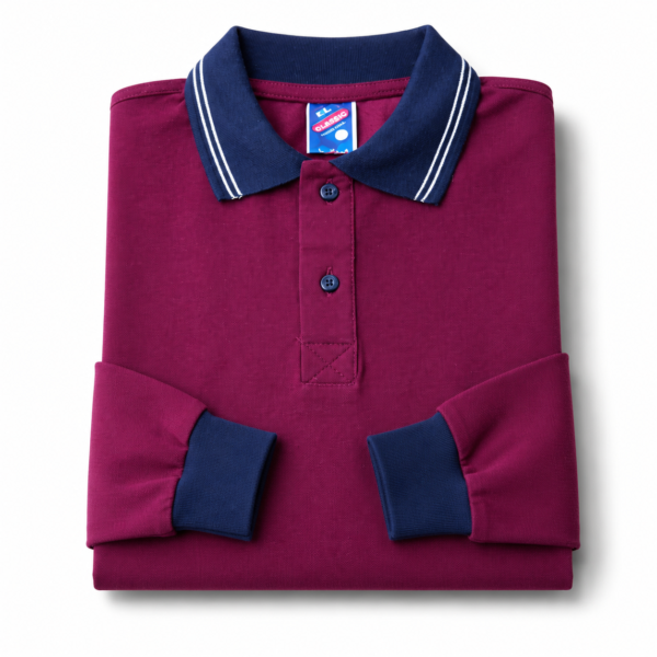 Kids Long Sleeve School Polo Shirt – Wine with Navy Collar