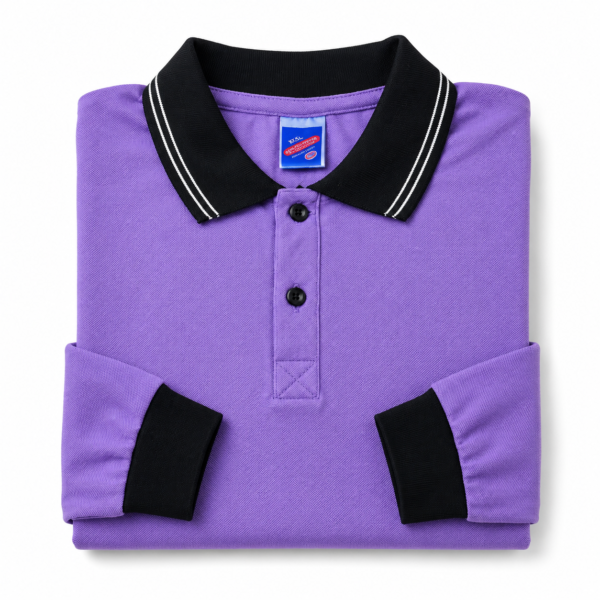 Kids Long Sleeve School Polo Shirt – Purple with Navy Collar