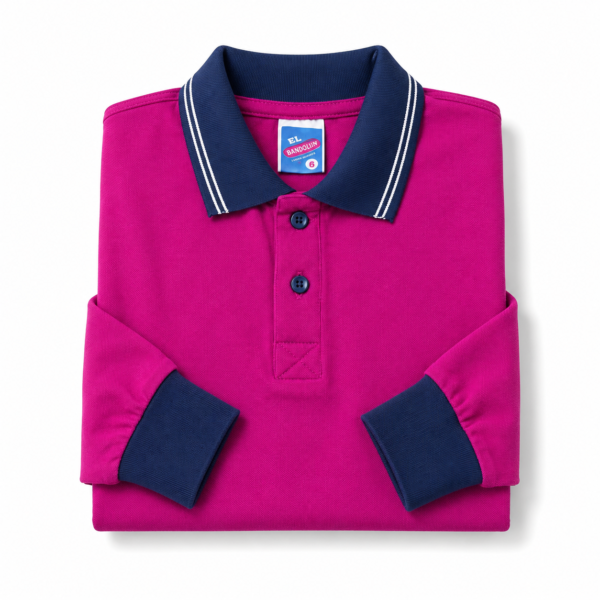 Kids Long Sleeve School Polo Shirt – Pink with Black Collar