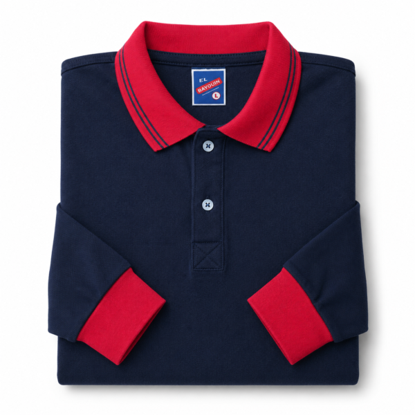 Kids Long Sleeve School Polo Shirt – Navy with Red Collar