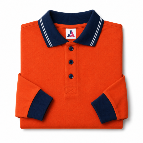 Kids Long Sleeve School Polo Shirt – Orange with Navy Collar