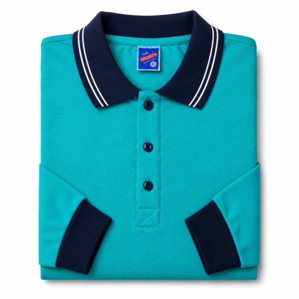 Kids Long Sleeve School Polo Shirt – Turquoise with Navy Collar