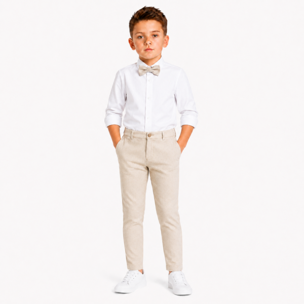 Boys’ 3-Piece Formal Outfit Set – White Dress Shirt, Tchino Pants and Bow Tie - OFFWHITE