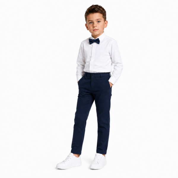 Boys’ 3-Piece Formal Outfit Set – White Dress Shirt, Tchino Pants and Bow Tie - NAVY