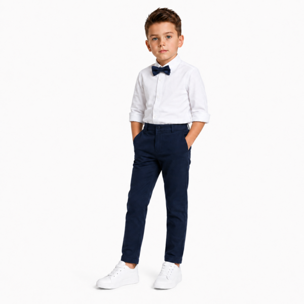 Boys’ 3-Piece Formal Outfit Set – White Dress Shirt, Tchino Pants and Bow Tie - NAVY