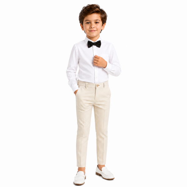 Boys’ 3-Piece Formal Outfit Set – White Dress Shirt,Tchino Pants and Bow Tie - CREAM