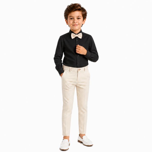 Boys’ 3-Piece Formal Outfit Set – Black Dress Shirt,Tchino Pants and Bow Tie - CREAM (Copy)