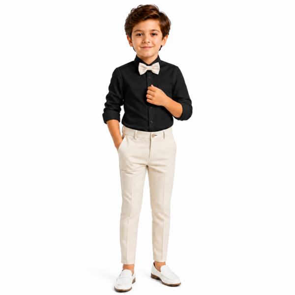 Boys’ 3-Piece Formal Outfit Set – Black Dress Shirt,Tchino Pants and Bow Tie - CREAM (Copy)