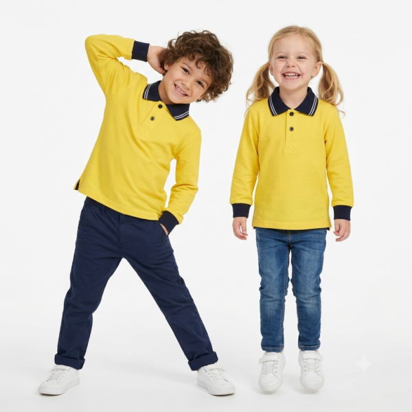 Kids Long Sleeve School Polo Shirt – Yellow with Navy Collar