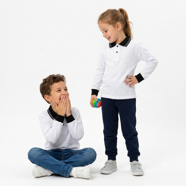 Kids Long Sleeve School Polo Shirt – White with Navy Collar
