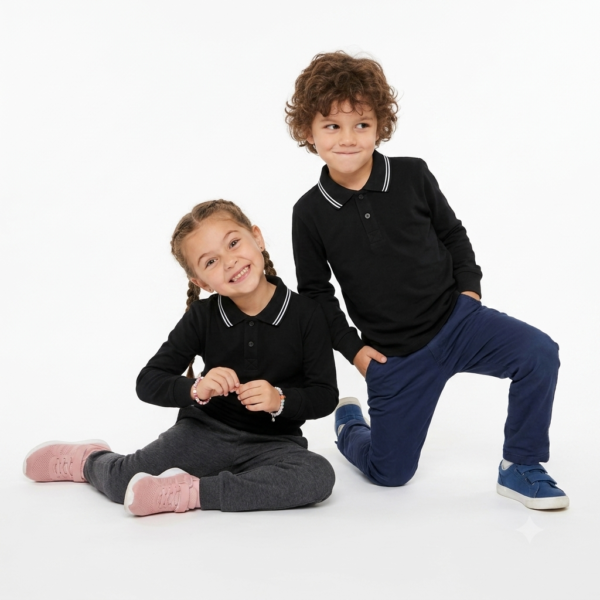 Kids Long Sleeve School Polo Shirt – Black