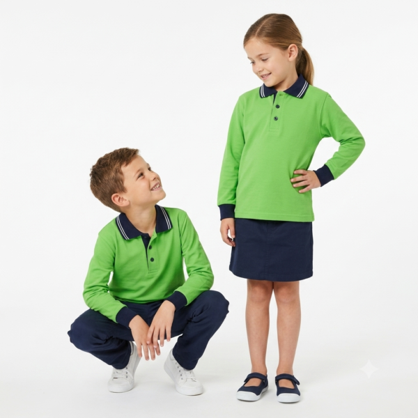 Kids Long Sleeve School Polo Shirt – Apple with Navy Collar