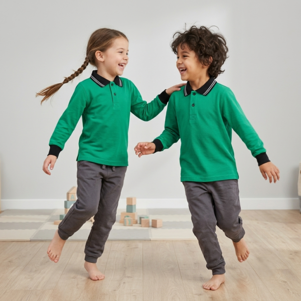 Kids Long Sleeve School Polo Shirt – Green with Navy Collar