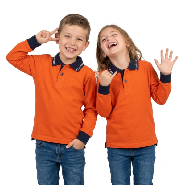Gemini_Generated_Image_a07raoa07raoa07r Kids Long Sleeve School Polo Shirt – Orange with Navy Collar