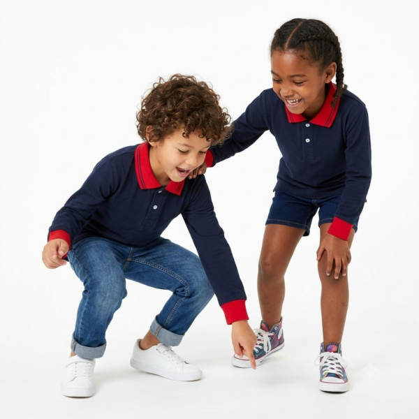 Kids Long Sleeve School Polo Shirt – Navy with Red Collar