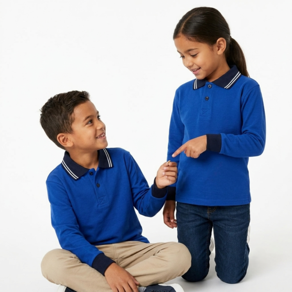 Gemini_Generated_Image_ggbgwtggbgwtggbg Kids Long Sleeve School Polo Shirt – Blue with Navy Collar