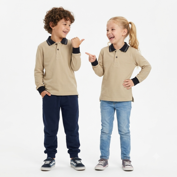 Gemini_Generated_Image_mm48rrmm48rrmm48 Kids Long Sleeve School Polo Shirt – Beige with Black Collar