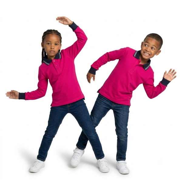 Kids Long Sleeve School Polo Shirt – Pink with Black Collar