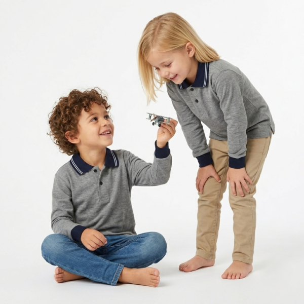 Kids Long Sleeve School Polo Shirt – Grey with Navy Collar