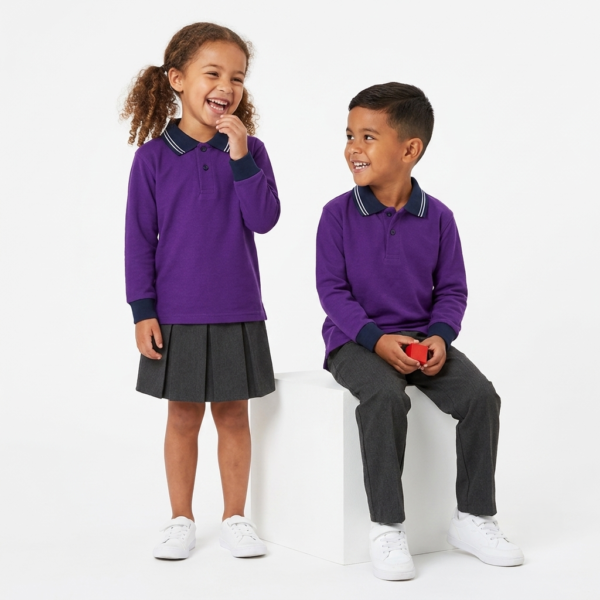 Kids Long Sleeve School Polo Shirt – Purple with Navy Collar